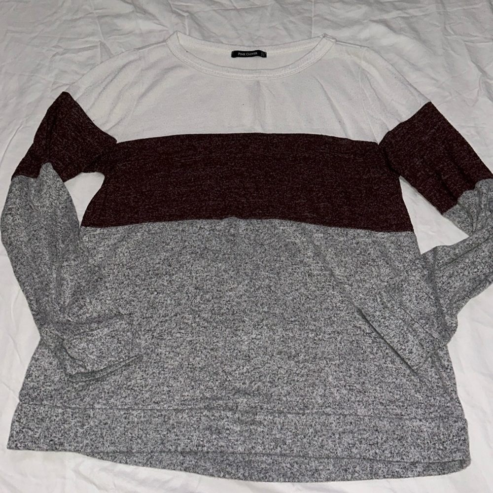 White / Burgundy / Grey Crewneck Sweater - Pink Clover - Women’s S Petite